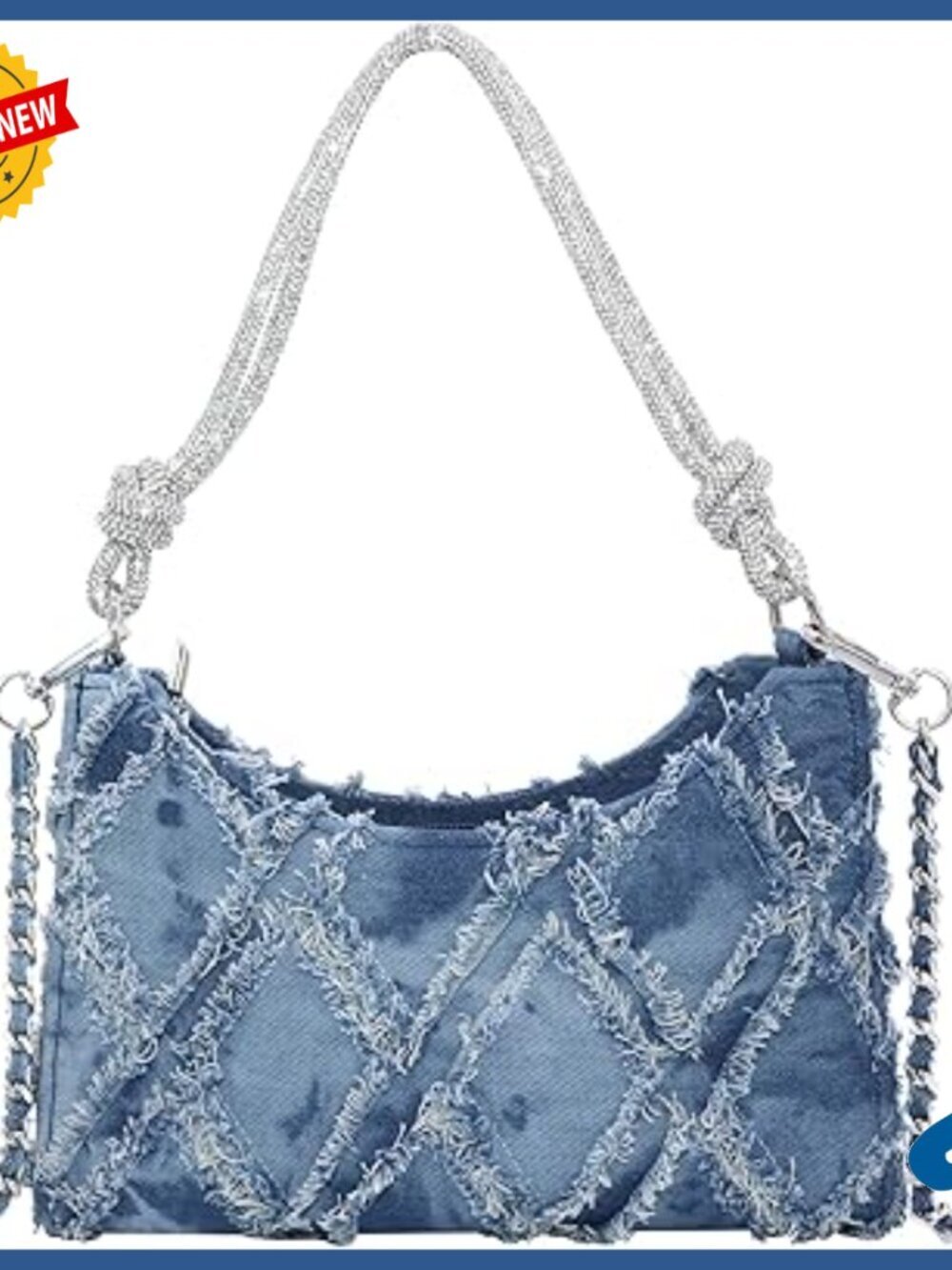 Denim Evening Clutch with Rhinestone Handle, Detachable Chain Strap